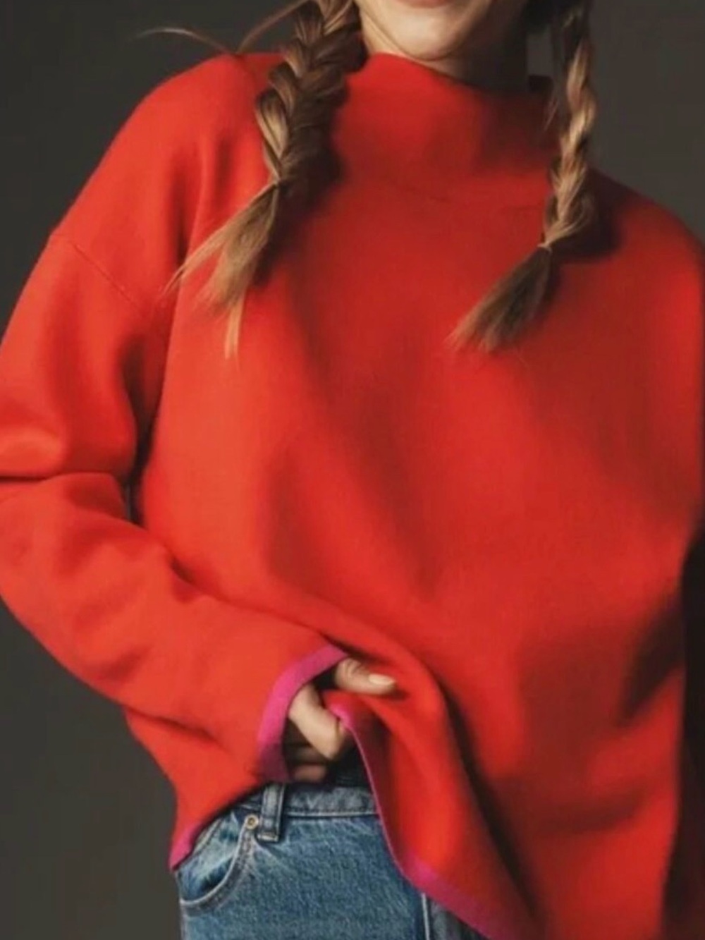 Maeve - Anthropologie - Bright Orange Cropped Sweater with Pink Trim, crew neck